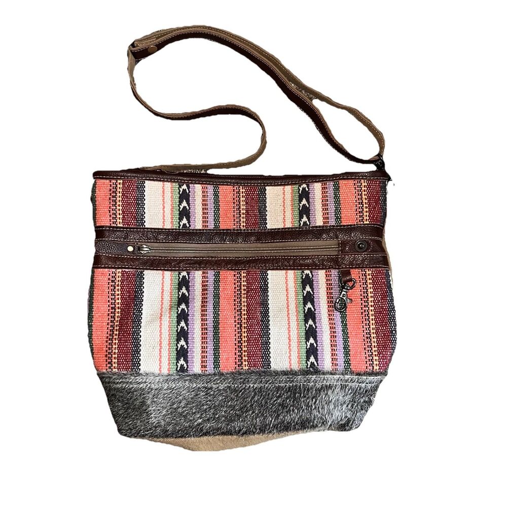 Myra Bag Leather Cow Hide Canvas Aztec Saddle Blanket Crossbody Bag Southwest